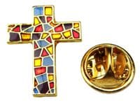 Holy Cross Christian Pin Badge Brooch Stained Glass Effect