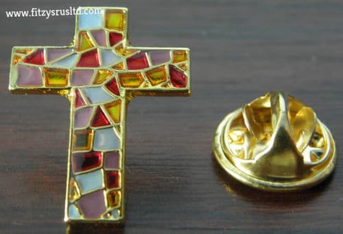 Holy Cross Christian Pin Badge Brooch Stained Glass Effect