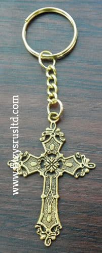 Holy Gold-tone Cross Keyring Religious Christian Key Ring Gift Souvenir