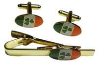 Ireland Flag Shamrock Cuff Links & Tie Bar Clip Clasp Gaelic Irish Cufflink Set