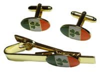Ireland Flag Shamrock Cuff Links & Tie Bar Clip Clasp Gaelic Irish Cufflink Set