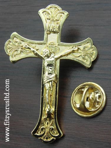 Large Gold-Coloured Crucifix Lapel Pin Badge Catholic Holy Cross Brooch Gift New