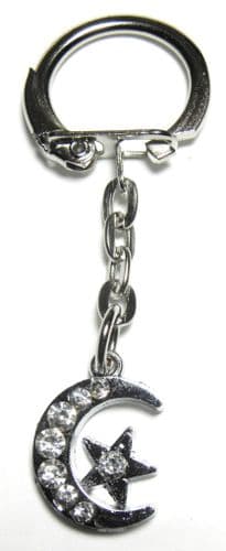 Rhinestone Silver-tone Star & Moon Crescent Keyring Key Ring Islam Muslim Gift