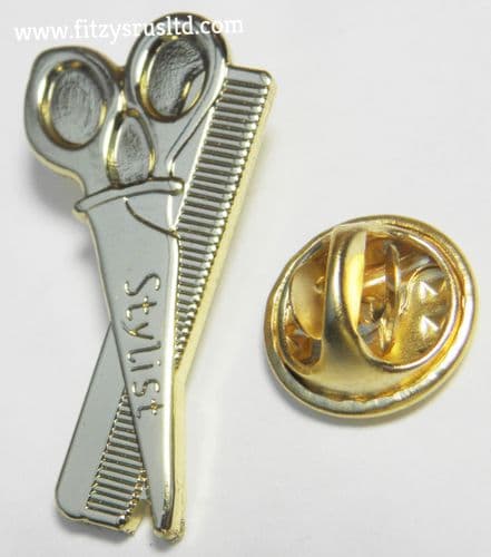 Stylist Pin Badge Hairdresser Barber Scissors & Comb Brooch