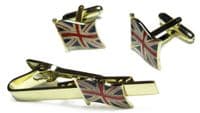 Union Jack Flag Cuff Links & Tie Bar Clip Great Britain GB UK Cufflinks Set