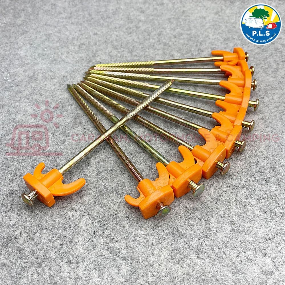 Rock Pegs x 10 Heavy Duty Hard Ground Rock Pegs HighViz Orange Top x10