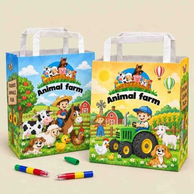Eco-Friendly Compostable Animal Farm Kids Party Bags with Crayons | Pack of 10