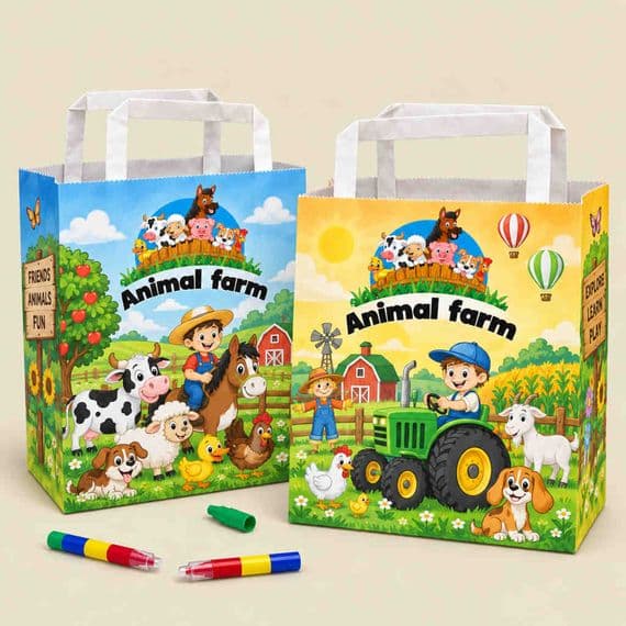 Eco-Friendly Compostable Animal Farm Kids Party Bags with Crayons | Pack of 10