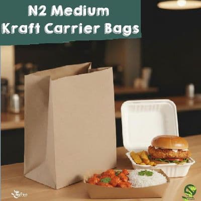 Heavy Duty Medium Kraft Paper Carrier Food Bags | 100% Compostable & Reyclable | Bulk