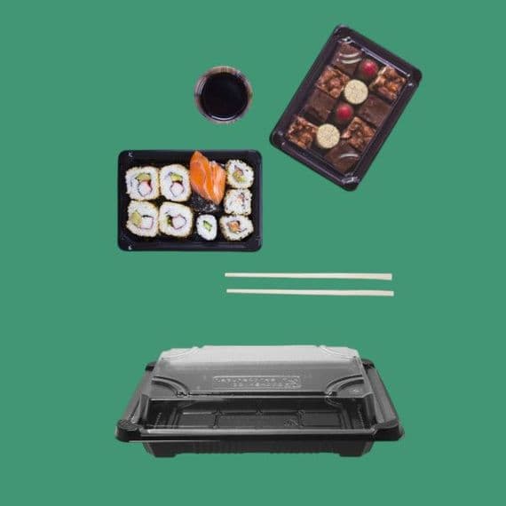 N1 Bulk Standard PLA Compostable Sushi & Cake Platters with Lids 7x5
