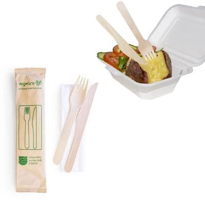 N1 Bulk Wood Compostable Disposable Wrapped Fork & Knife Set x 250