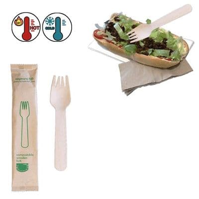N1 Bulk Wood Wrapped Biodegradable Compostable Disposable Forks 6.5