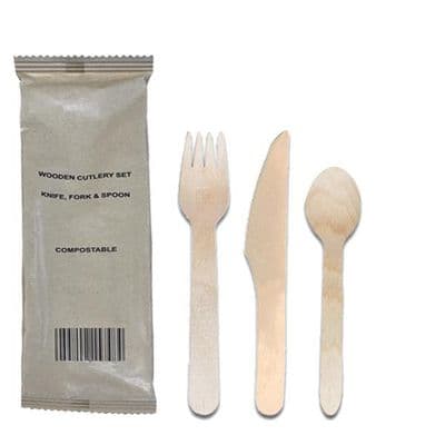 N1 Wood Compostable Disposable Wrapped Cutlery Set x 50