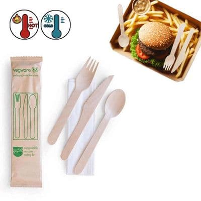 N1 Wood Compostable Disposable Wrapped Napkin & Cutlery Set x 50