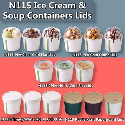 N115 Compostable Soup & Ice Cream Container Lid Range | 12 to 32oz | Box of 500
