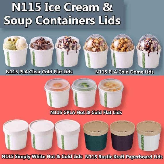 N115 Compostable Soup & Ice Cream Container Lid Range | 12 to 32oz | Box of 500