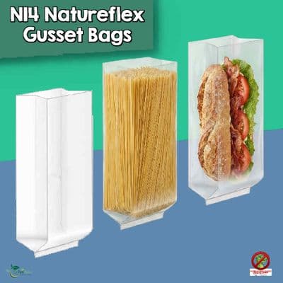 N14 Long NatureFlex Clear Gusseted Heat Seal Bags |100% Plastic-Free | Home Compostable