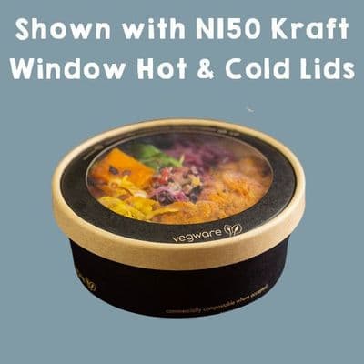N150 Bulk Black Compostable Window Hot & Cold Food Bowl Lids 150mm x 300