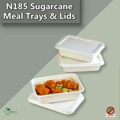 N185 Sugarcane Compostable Meal Trays with Clip-On Lids | Takeaway Containers | Oven Safe