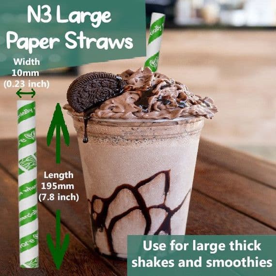 N3 Large Biodegradable Compostable Thick Shake Smoothie Straws 10mm (Pack of 80)