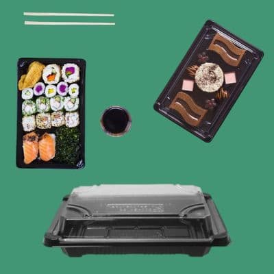 N3 Large PLA Biodegradable Compostable Sushi & Cake Platters with Lids 8x5