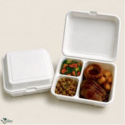 N3c Large Sugarcane Takeaway Food Boxes 3 Compartment 9 x 9