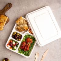 N5 Bulk Long Sugarcane Compostable 5 Compartment Meal Trays & Lids 11x9