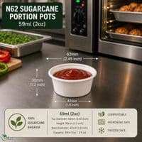 N62 Sugarcane Standard Compostable Hot & Cold Portion Pots 2oz | Oven, Hot Cabinet & Freezer Safe Sample Cups | Plastic-Free Bagasse Bulk Pots
