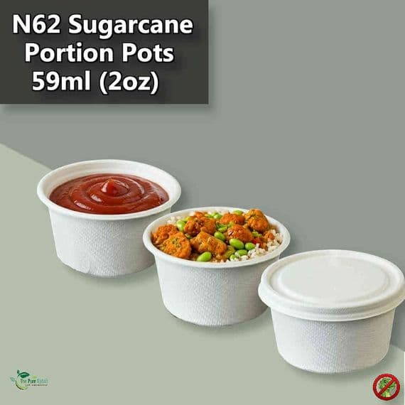 N62 Sugarcane Standard Compostable Hot & Cold Portion Pots 2oz | Oven, Hot Cabinet & Freezer Safe Sample Cups | Plastic-Free Bagasse Bulk Pots