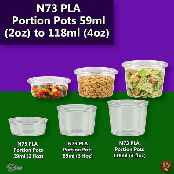 N73 PLA Biodegradable & Compostable Cold Food Portion Pots (Box of 2,000) | Crystal Clear Plant-Based Sauce & Dip Cups | Plastic-Free Sample Pots