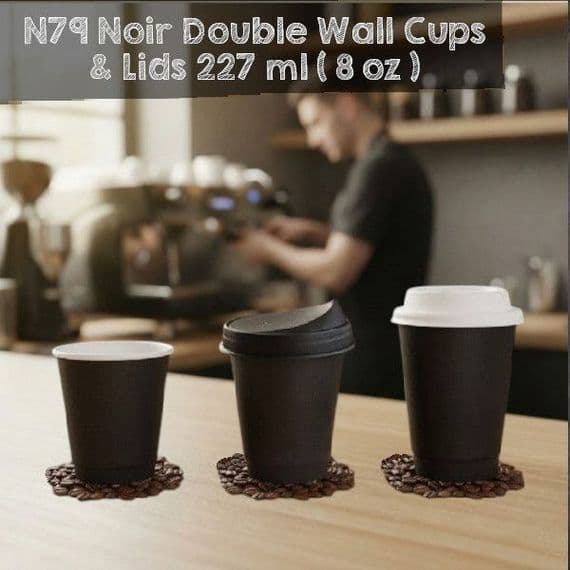 N79 Premium Noir Compostable Hot Cups & Lids 8oz – Double Wall (500 Pack)