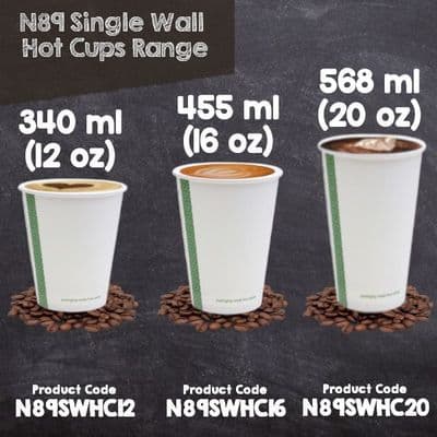N89 Bulk Single Wall Compostable Disposable Hot Drink Cups 12 to 20oz x 1000