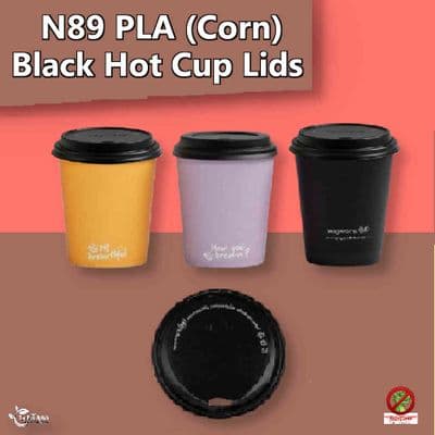 N89 CPLA Black Biodegradable Compostable Disposable Hot Drink Cup Lids | Fits 12 to 20oz Hot Cups