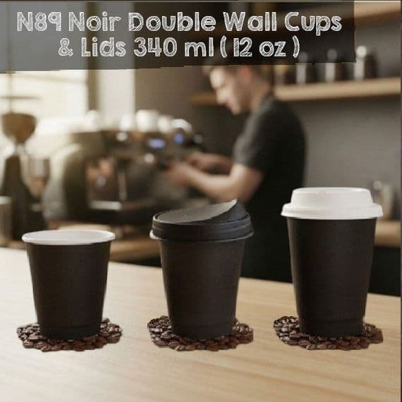 N89 Premium Noir Compostable Hot Cups & Lids 12oz – Double Wall (Box of 500)