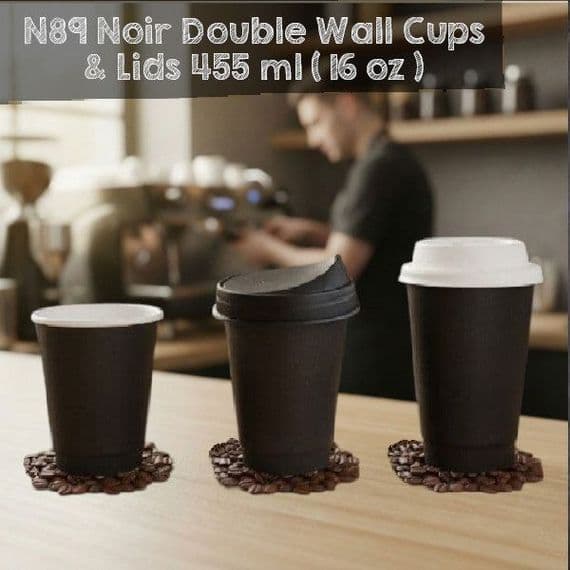 N89 Premium Noir Compostable Hot Cups & Lids 16oz – Double Wall (Box of 400)