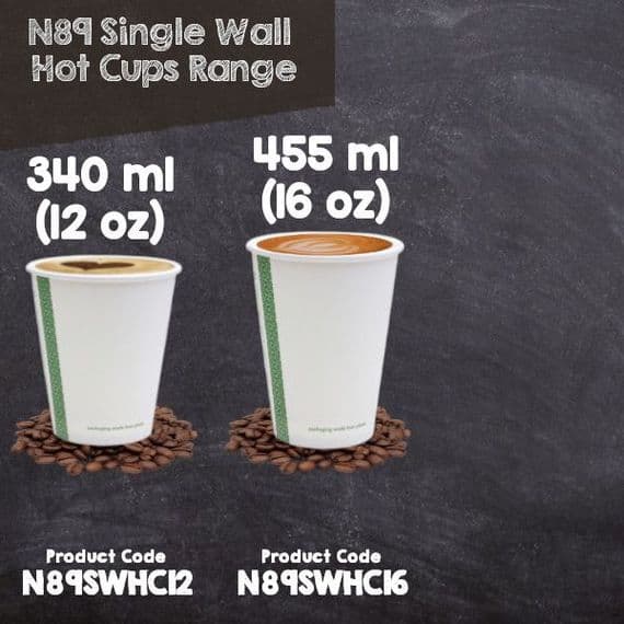 N89 Single Wall Compostable Disposable Hot Drink Cups 12 to 16oz (Pack of 50)