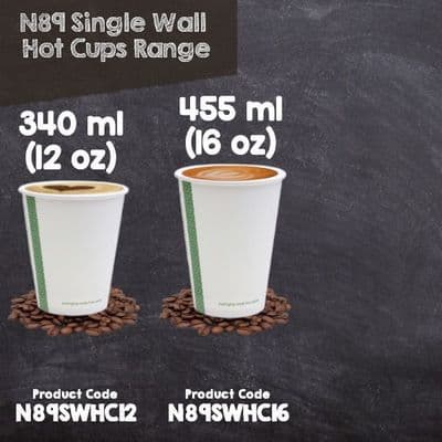 N89 Single Wall Compostable Disposable Hot Drink Cups 12 to 20oz x 50