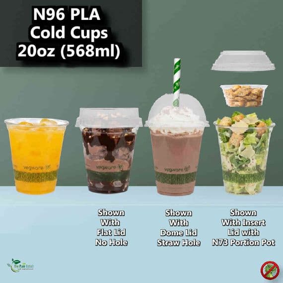 N96 Clear PLA Cold Cups & Dessert Pots Range | Compostable Takeaway Drink Cups | Plastic-Free Plant-Based Smoothie Cups 9oz 12oz 16oz 20oz