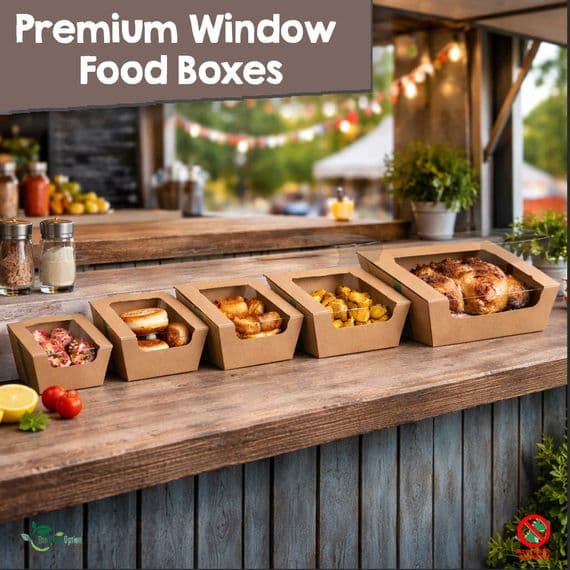 Premium Compostable Hot & Cold Food Boxes with NatureFlex Window | Takeaway Boxes