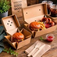 Kraft Biodegradable & Compostable Food Tray Boxes (Pack of 100) | Eco-Friendly Open-Top Paperboard Catering Trays | Plastic-Free Street Food Containers