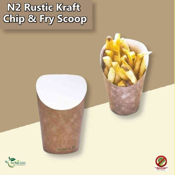 Speed up service with N2 Medium Kraft Chip Scoops (Case of 1,000). 100% plastic-free, water-based greaseproof lining,