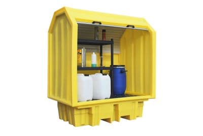 Hard Covered 2 Drum Spill Pallet, Lockable Roller Shutter Door & Shelving Unit 230ltr Sump - BP2HCS