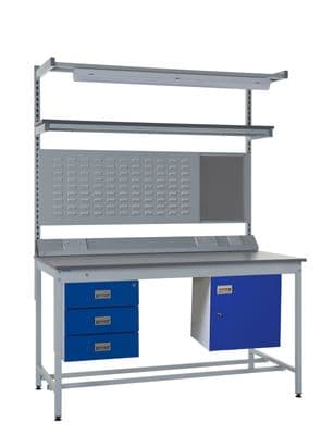 Kit F - Workbench with Storage Cupboard, Triple Drawer Unit, Service Duct, Light, Tool Rail, Louvre Panel & Shelf