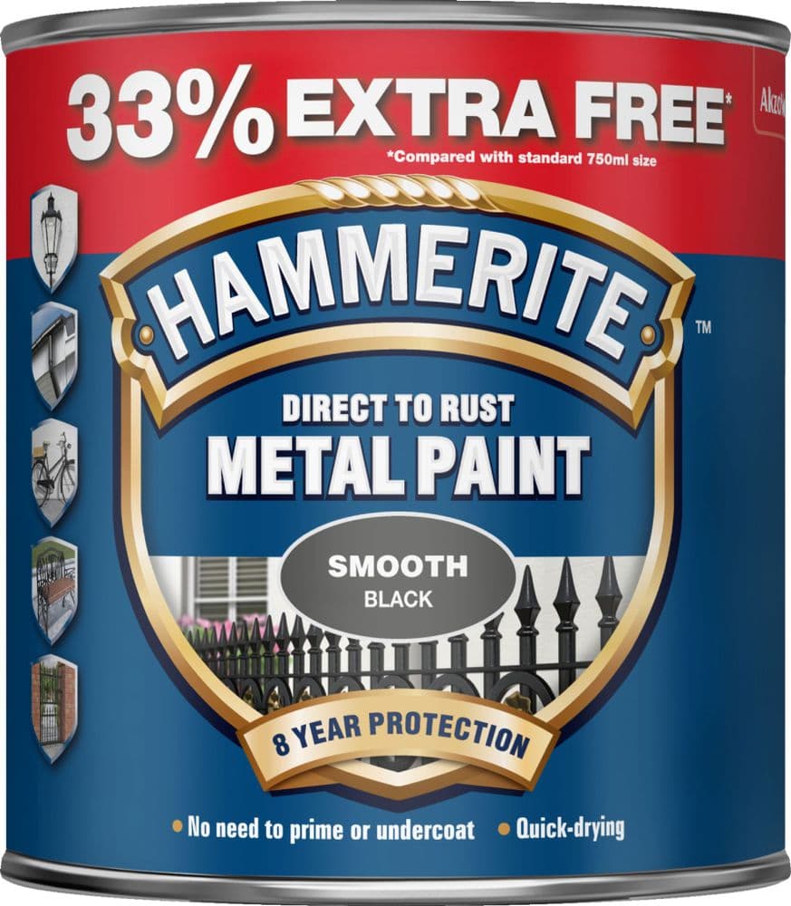 Hammerite Smooth Direct To Rust Metal Paint Black 1L