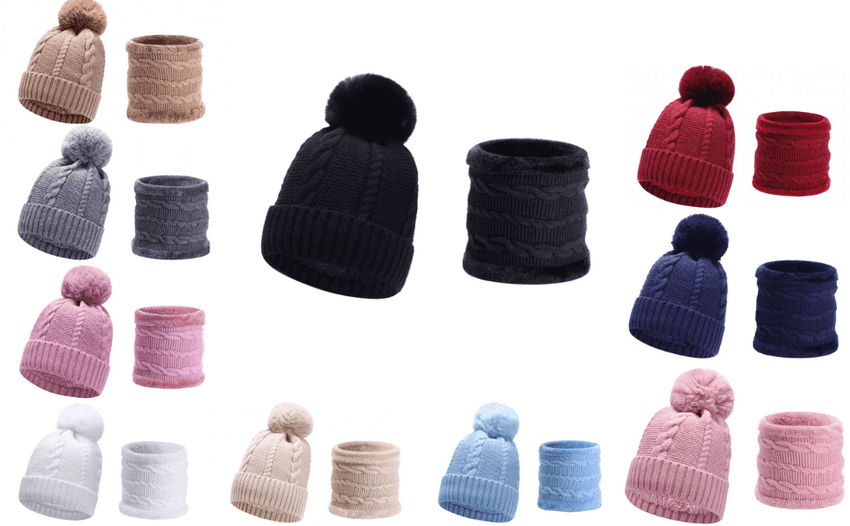 Beige fur linned hat and scarf set