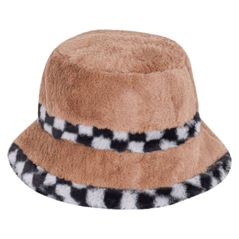 fluffy fur brown check stripe bucket winter hat