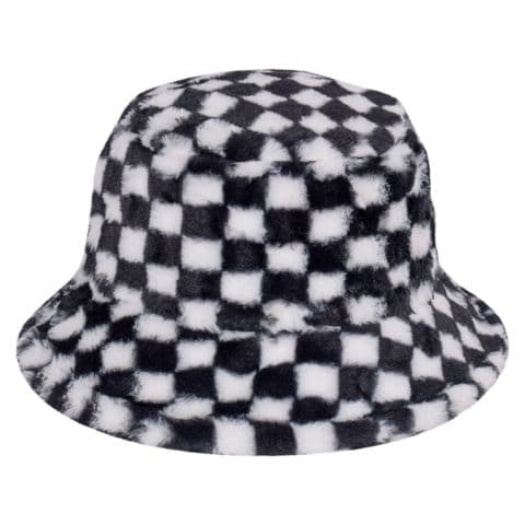 fluffy fur check bucket winter hat