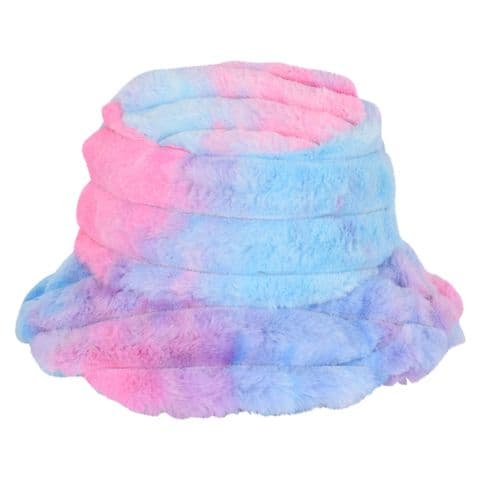 fluffy fur rainbow patch bucket winter hat