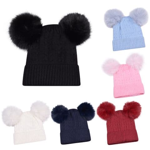 Girls double pompom beanie hat