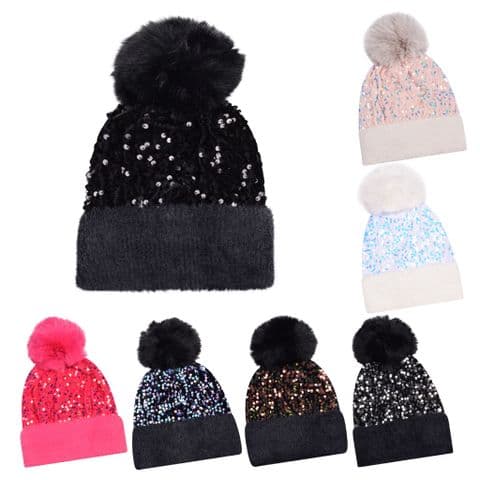 Glitter sequence pom pom beanie hats